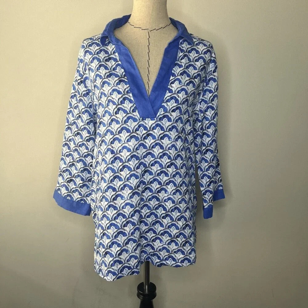 Sigrid Olsen Linen Tunic Blouse Women’s Sz XL Top Blue White Beach Vacation